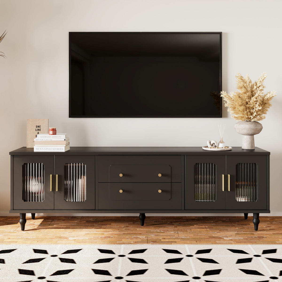 TV-SCHRANK Lowboard Retro-Stil goldene Griffe viel Stauraum Glastür Schwarz - Schwarz, Holz (48/8.5/185cm) - FLIEKS