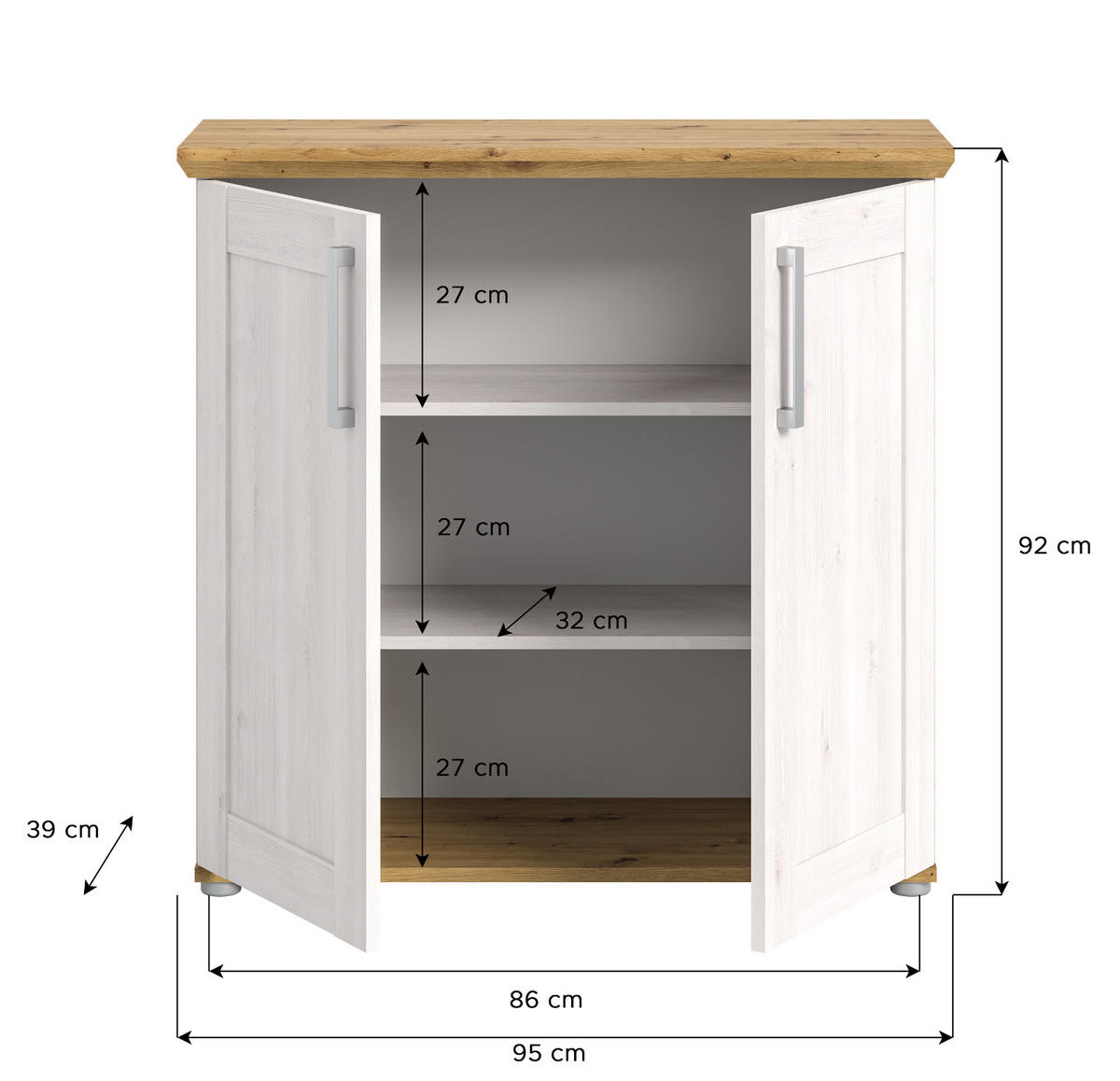 KOMMODE weiß Lärche, Eiche Artisan 95 cm, Sideboard im Landhaus-Stil - Silberfarben/Weiß, Holzwerkstoff/Kunststoff (95/92/39cm) - Inn.Furn