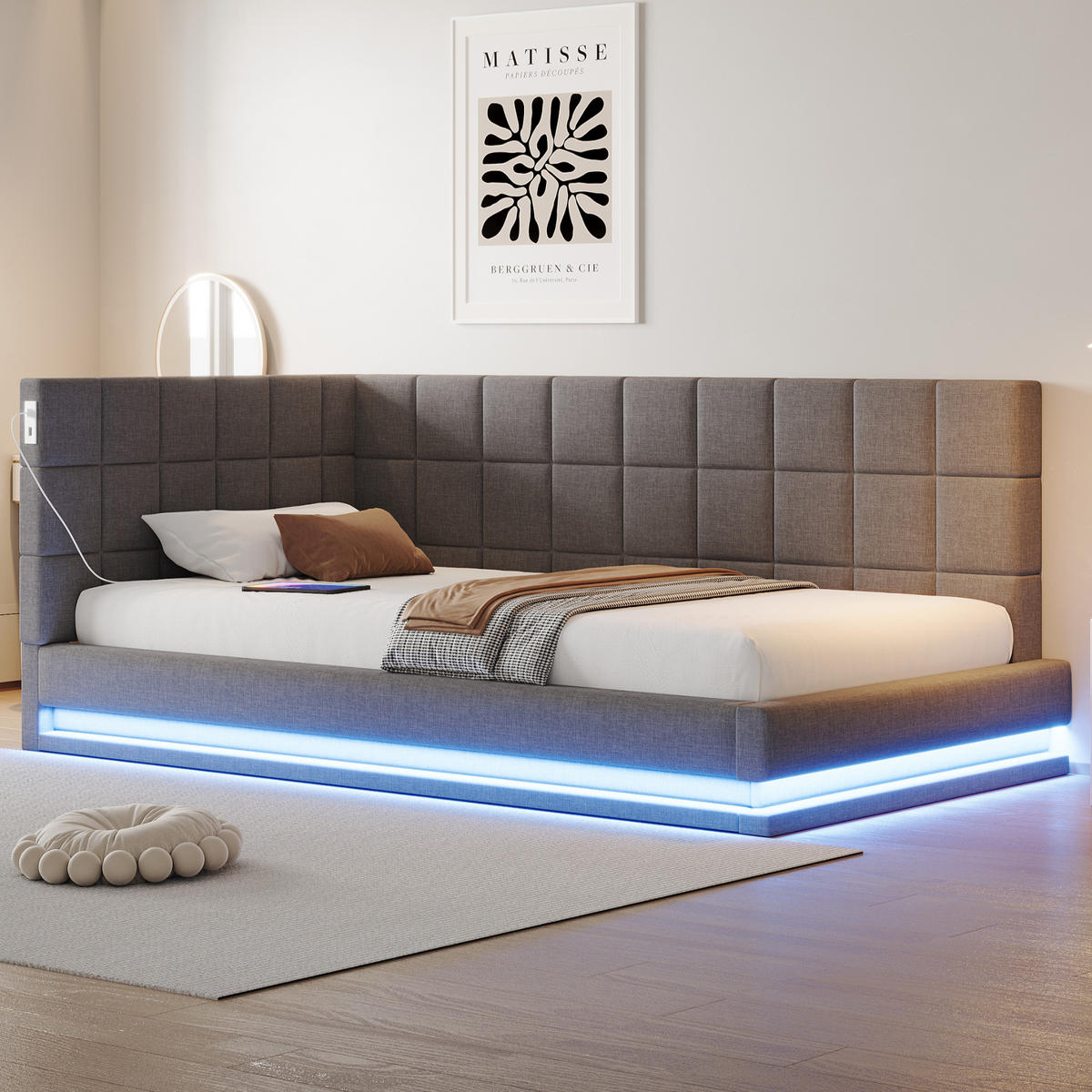 POLSTERBETT 90/200 cm mit LED-Beleuchtung & USB-Steckdose aus Leinen Grau - Grau, Textil (90/200cm) - OKWISH