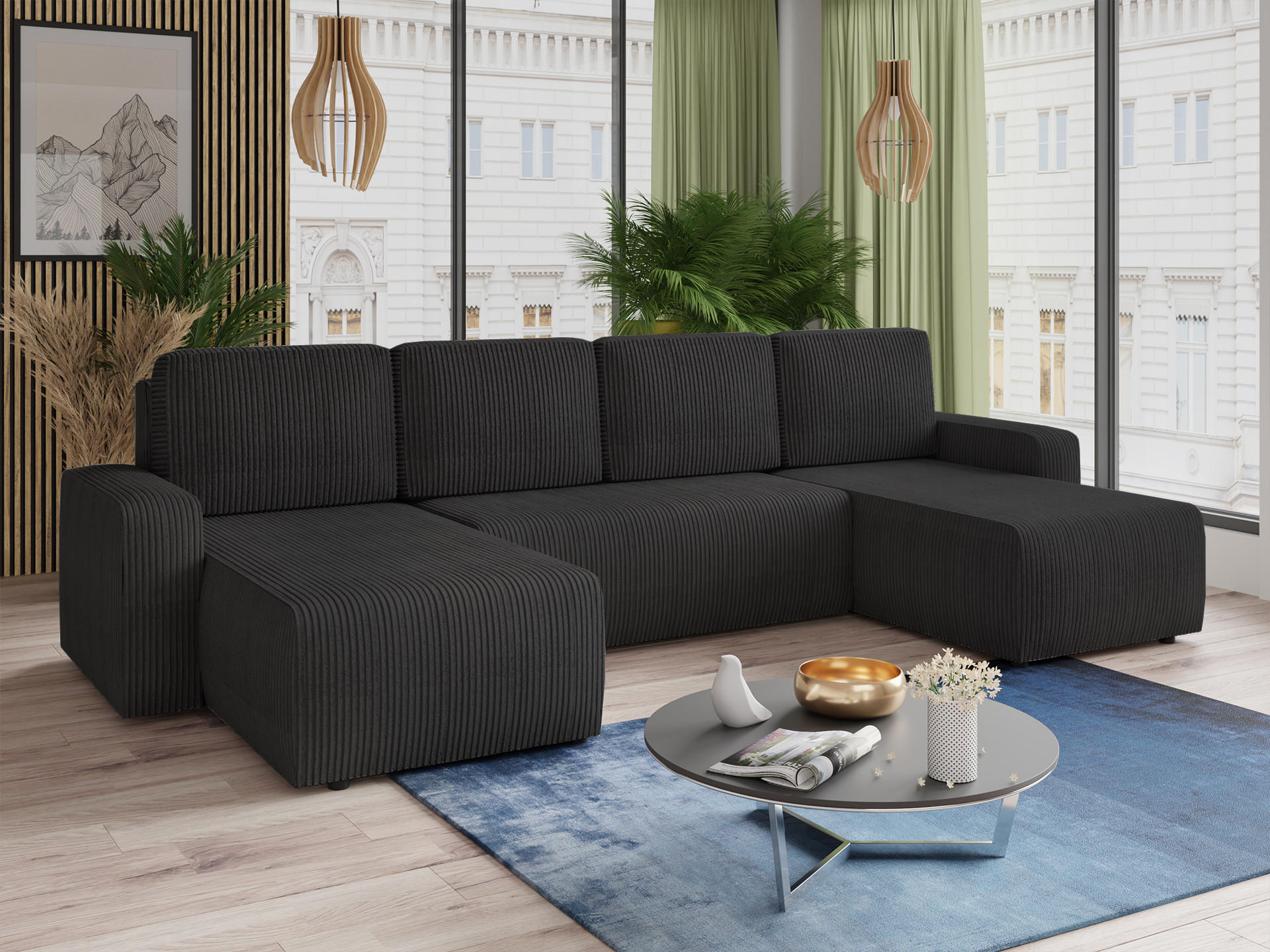 WOHNLANDSCHAFT Roma U - Schwarz, Holz/Textil (305/90/150cm) - Sofnet