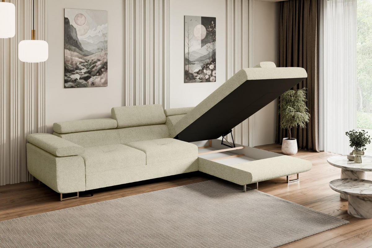 ECKSOFA mit Schlaffunktion und Bettkasten GUSA-L 272x202x107 cm Beige Bouclé - Beige/Silberfarben, Holzwerkstoff/Textil (272/202cm) - ALTDECOR