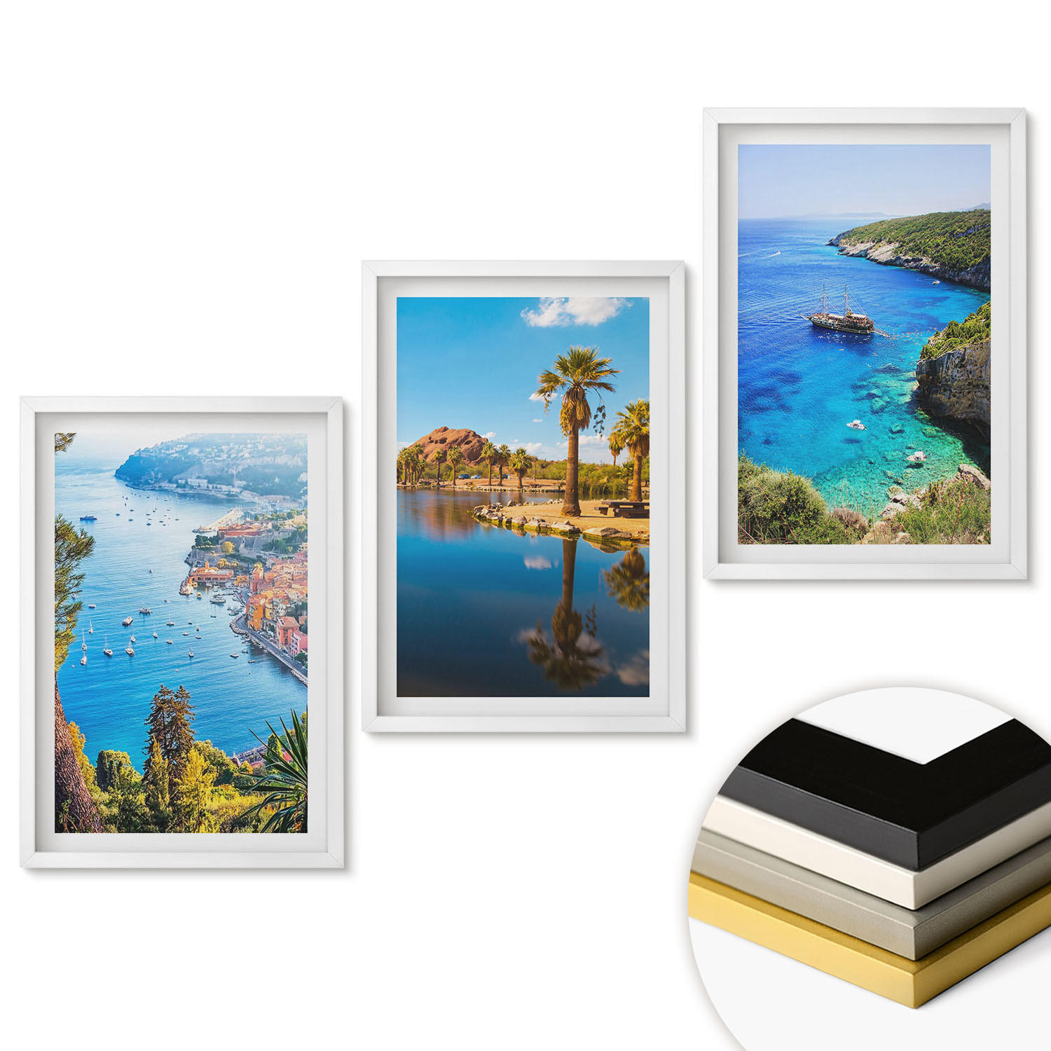 WANDBILDER 3er-Set - 40x60 cm Weißer Rahmen - Palmen am Meer, blaues Wasser - Weiß, Kunststoff (40/60cm) - ArtPrintCave