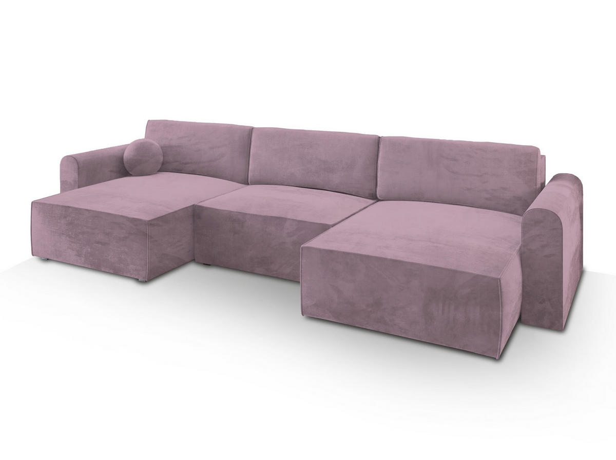 WOHNLANDSCHAFT FENTO M Lila Velours-Stoff mit Schlaffunktion - Lila, Holz (347/90/148cm) - MASSENO