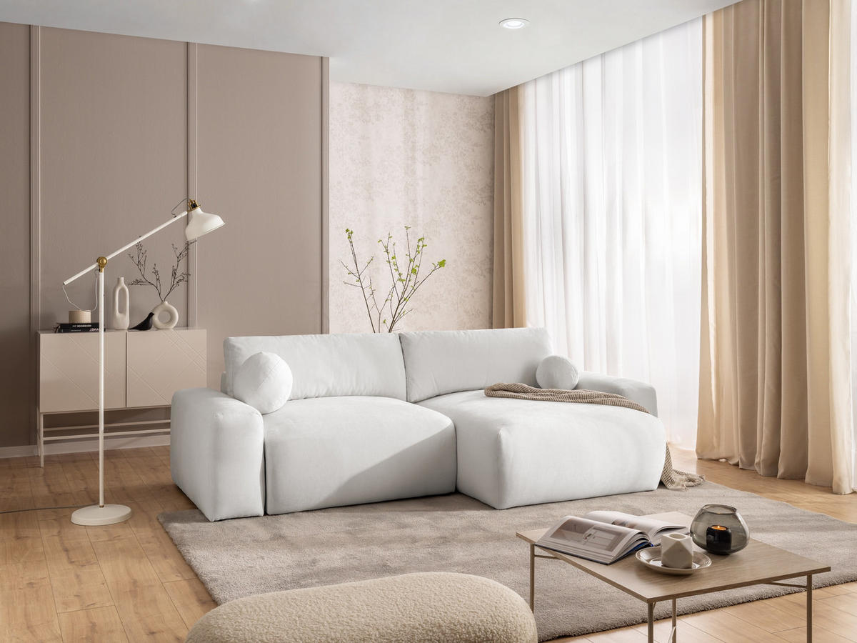 ECKSOFA Puffy mit Schlaffunktion und Bettkasten - besonders weich und puffig aus Creme Webstoff - Ottomane rechts - Creme/Schwarz, Holz/Kunststoff (266/138cm) - S-Style Möbel