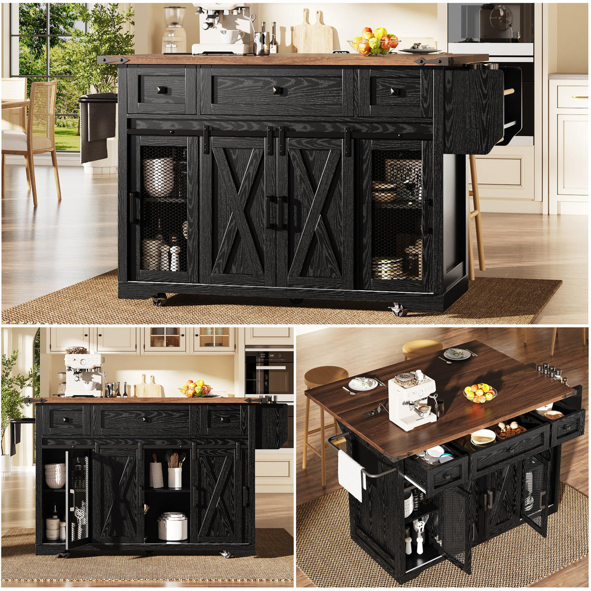 KÜCHENINSELWAGEN mit Arbeitsplatte 120,2 x 45,3/75 x 91,5 cm Schwarz - Schwarz, Holz (45.3/91.5/120.2cm) - Beauniv