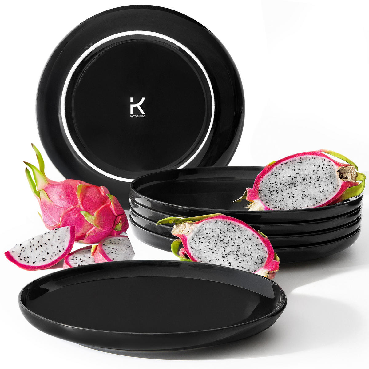 TELLER-SET VICTO 6-tlg Speiseteller - Schwarz Hochglanz, Keramik (27/2.5/27cm) - KONSIMO®