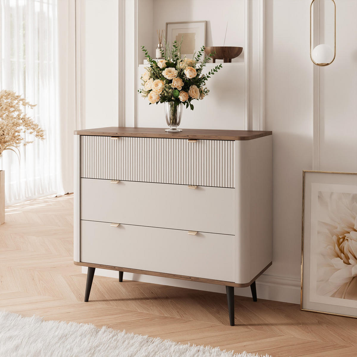 KOMMODE NAVANI 90 cm, 3 Schublade(n) Kaschmir / Nussbaum - Nussbaumfarben, Holzwerkstoff/Metall (90/82/40cm) - Idohome
