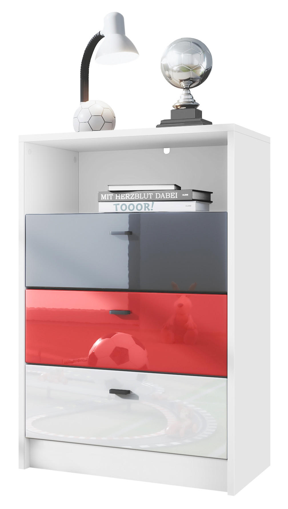 KOMMODE Pino Fronten Schwarz, Weiß & Rot - Anthrazit, Holzwerkstoff (56/86/36cm) - Vladon