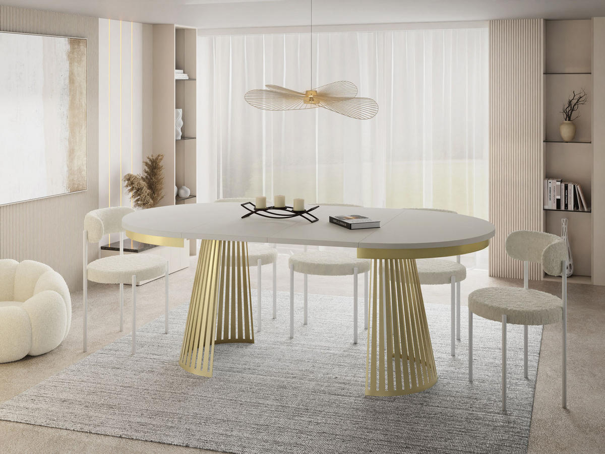 ESSTISCH Naro rund ausziehbar mit Goldem Lamellen-Metallgestell, Beige-Grau Kaschmir 100-180/100/76 cm - Kaschmir/Goldfarben, Holzwerkstoff/Metall (100/100/76cm) - WFL GROUP