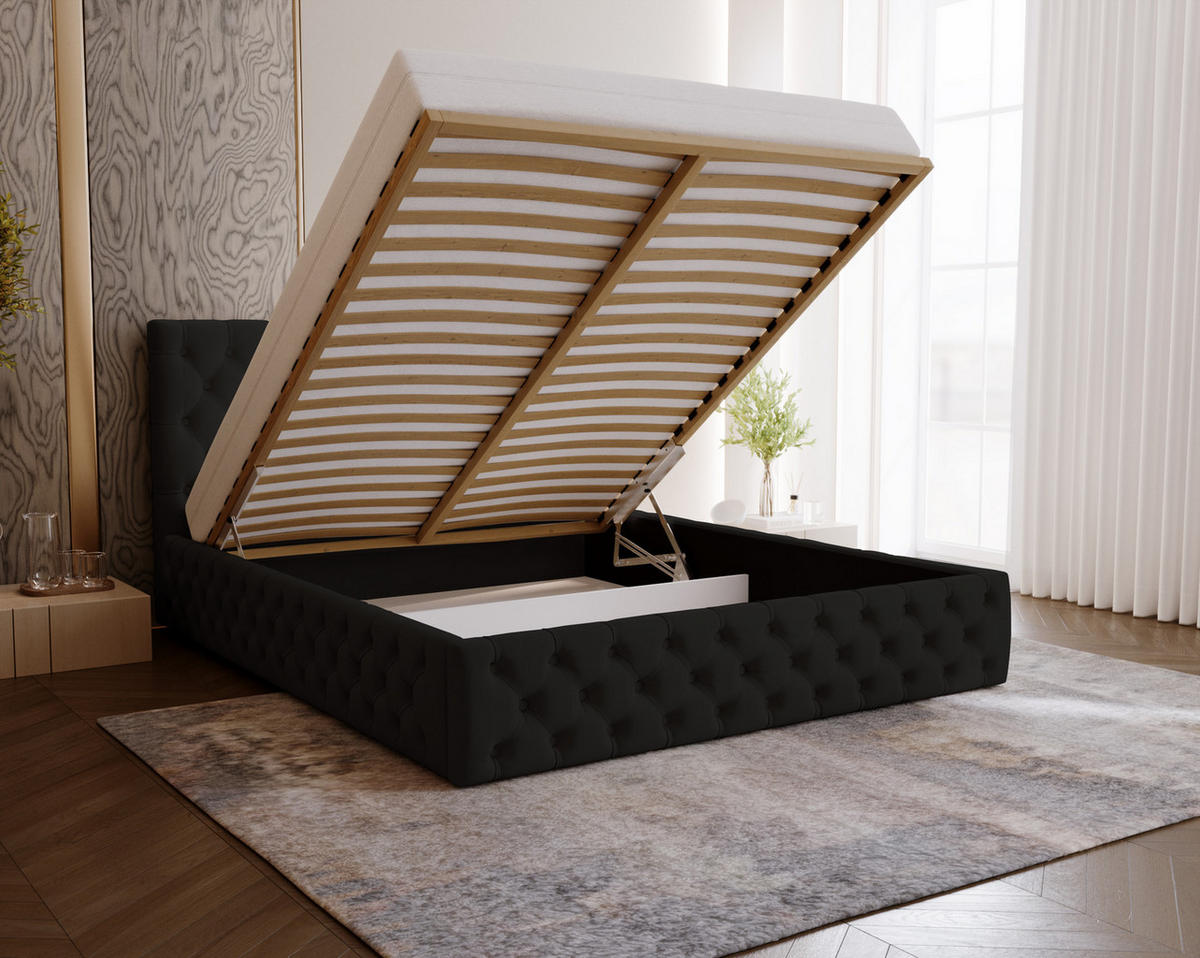 POLSTERBETT 180x200 Verti Slim, Chesterfield, Schwarz - Schwarz, Holz/Textil (180/200cm) - Emporius