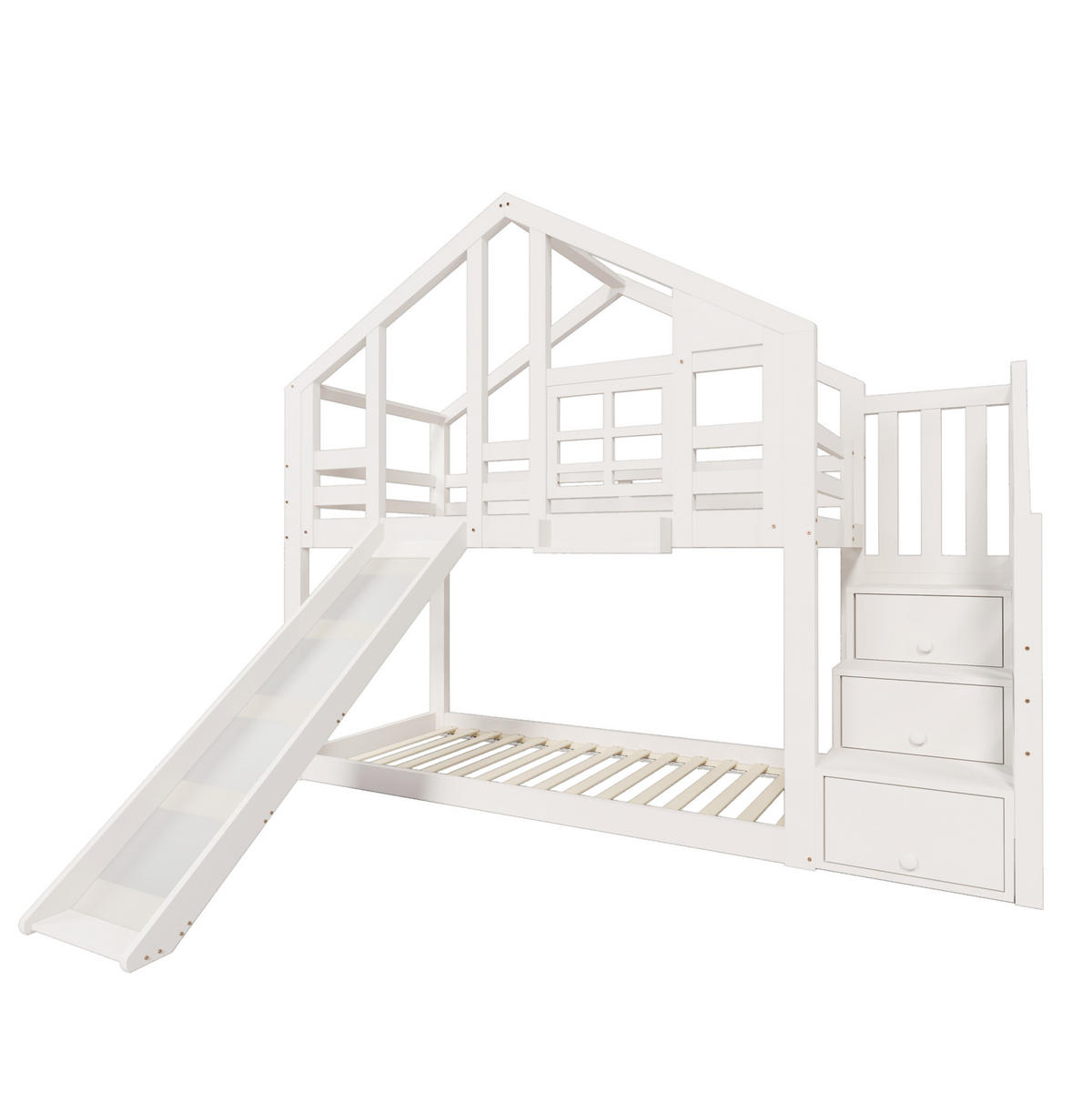 ETAGENBETT aus Kiefer-Massivholz und MDF 90x200 cm Weiß mit Rutsche und Stauraumtreppe - Weiß, Holzwerkstoff (90/200cm) - IVMEU