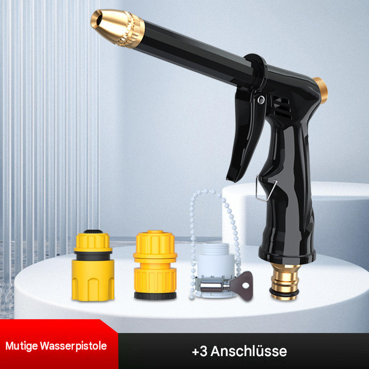 GARTENSPRITZPISTOLE + 3 Verbindungsstücke + 5-Meter-Wasserschlauch - Schwarz, Metall (20/17/3cm) - Vallsero