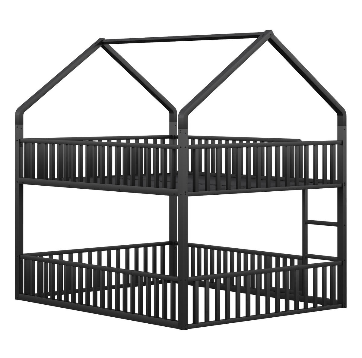 HAUSBETT 140/200 cm aus Metall in Schwarz mit Tür und Sicherheitsgeländer - Schwarz, Metall (140/200cm) - Flora Grace