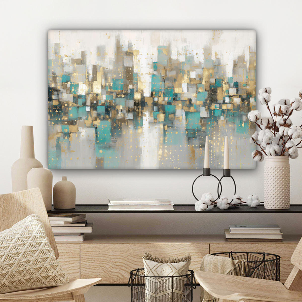 LEINWANDBILD Abstrakt - Blöcke - Gold - Skyline Wanddeko 90x60 cm - Beige, Textil (90/60cm) - MuchoWow