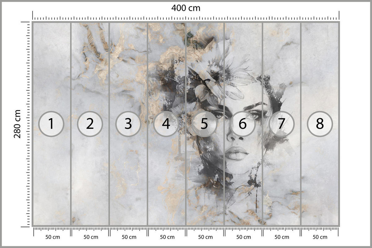 FOTOTAPETE für Wohnzimmer Frau Porträt Beton Blumen Modern 400x280 - Beige/Schwarz, Papier (400/280cm) - Muralo