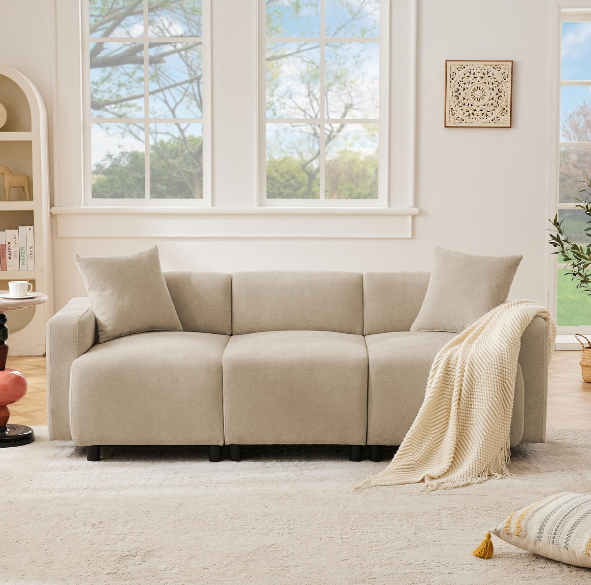 SOFA 3-Sitzer 211 x 67 x 71 cm Chenille Beige mit 2 Kissen - Beige, Kunststoff (211/71/67cm) - Meubliv