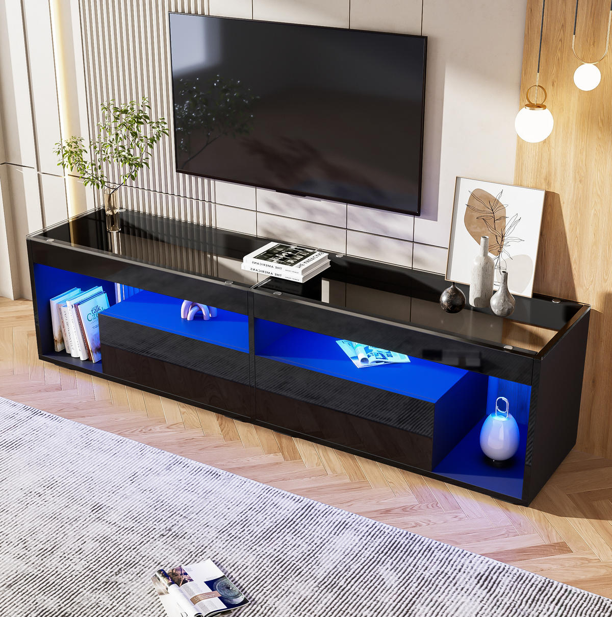TV-SCHRANK in Hochglanz Schwarz mit LED und 2 Schubladen 180/40/46 cm - Schwarz, Holzwerkstoff (180/46/40cm) - Redom