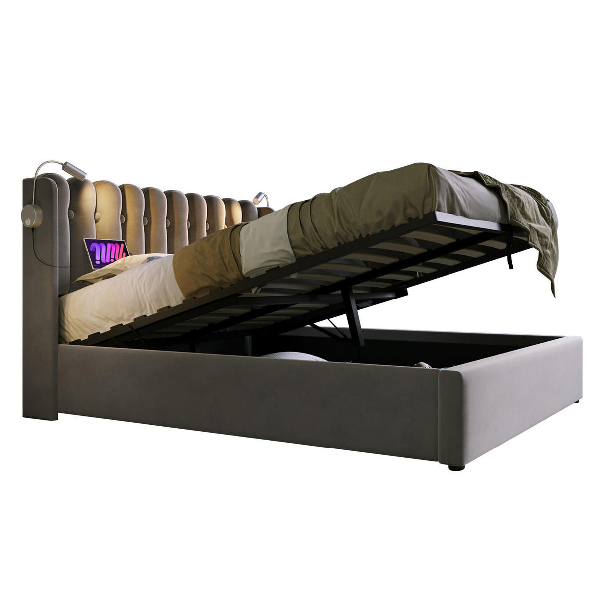 POLSTERBETT aus Samt 160x200 cm in Grau mit USB-Ladefunktion & Leselicht - Grau, Textil (160/200cm) - Modfu