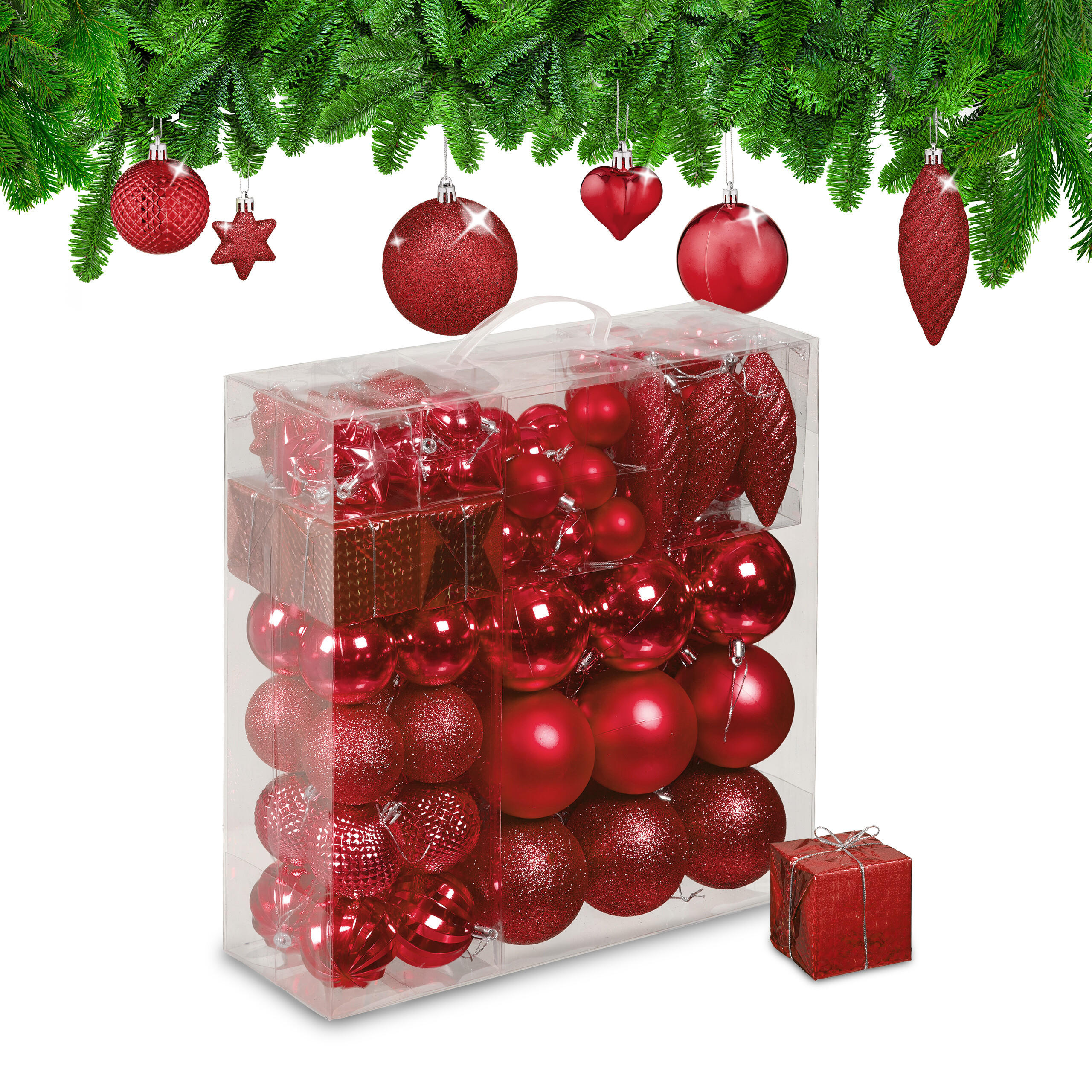 WEIHNACHTSKUGELN-SET 110-tlg. - Rot, Kunststoff (8/9/8cm) - Relaxdays