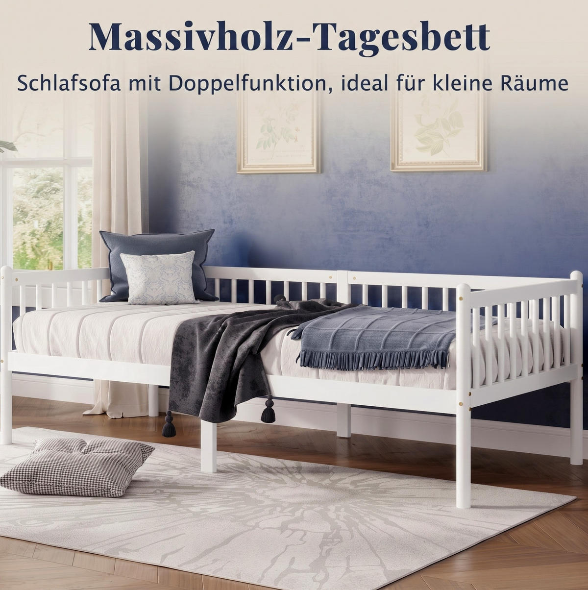 BETT 90 x 200 cm in Weiß aus Kiefernholz mit 3-seitigem Geländer und Stauraum - Weiß, Holz (90/200cm) - Flora Grace