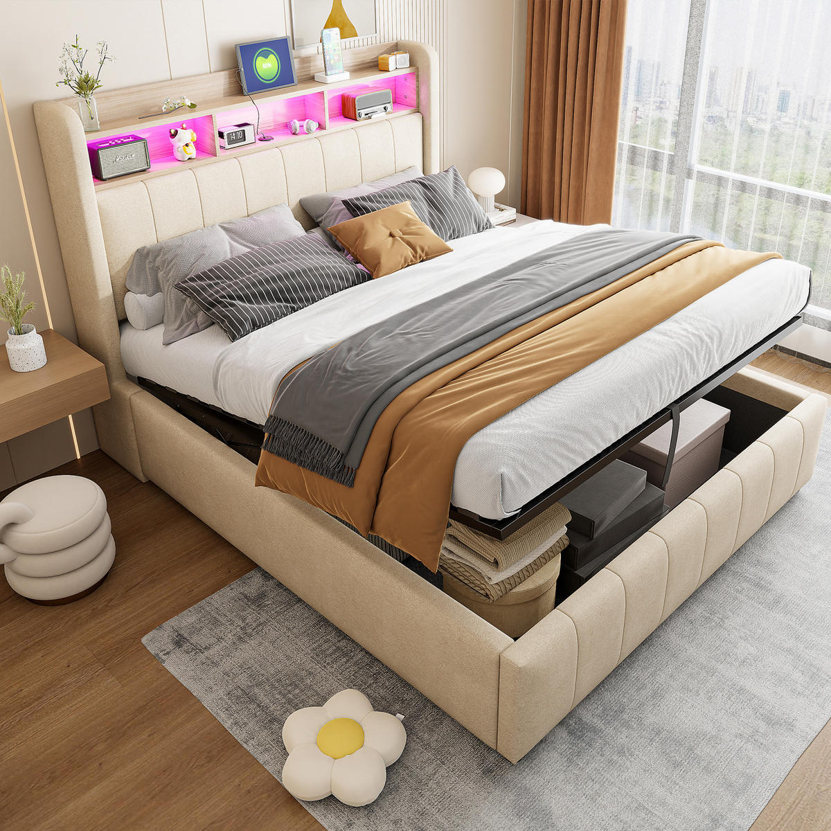 POLSTERBETT 140/200 cm Beige mit LED-Beleuchtung und hydraulischem Stauraum - Beige, Textil (140/200cm) - OKWISH