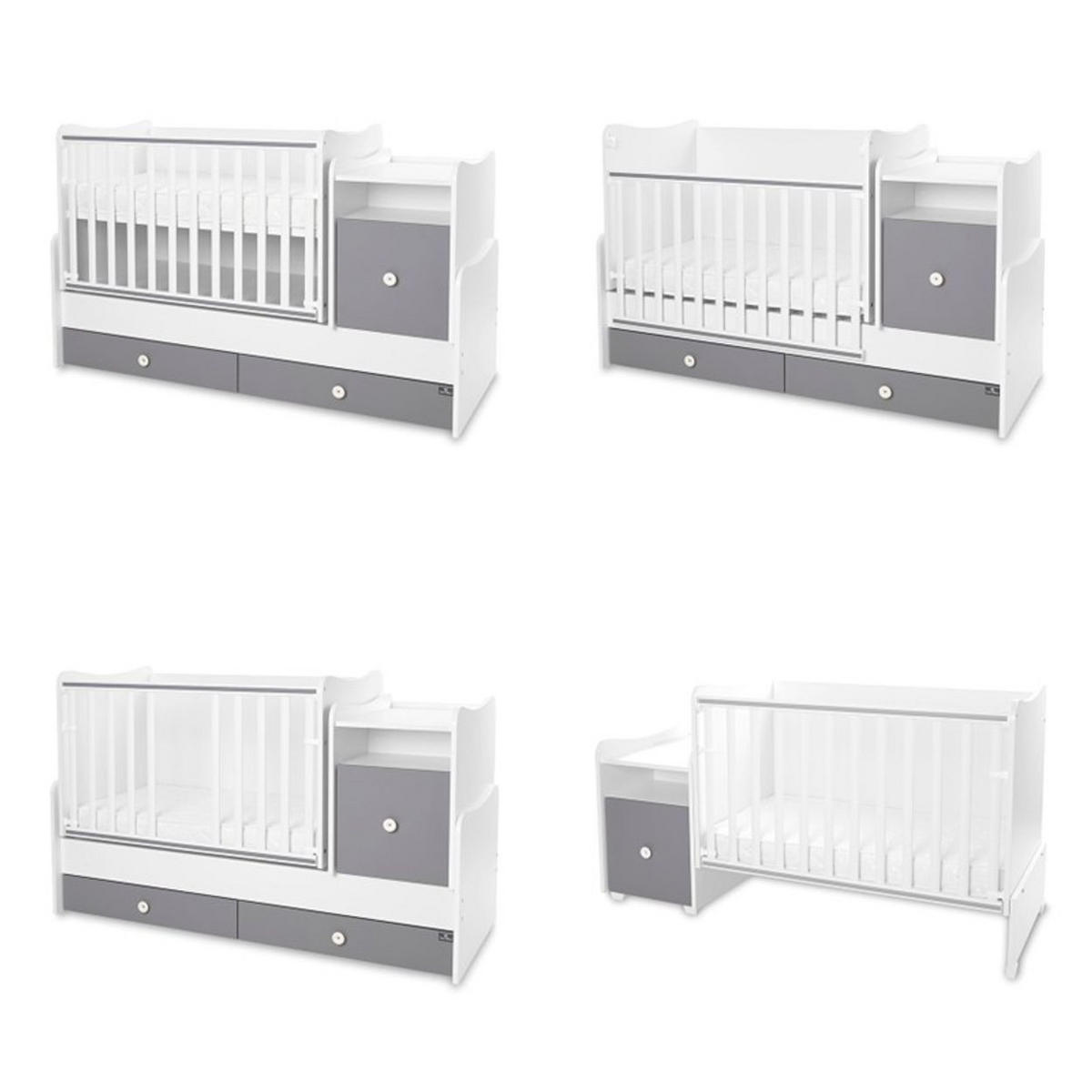 BABYBETT Trend Plus weiß dunkelgrau 110 x 62 cm, 70 x 160 cm, Schaukelfunktion, Kommode, Schubladen - Grau, Holzwerkstoff (62/110cm) - Lorelli