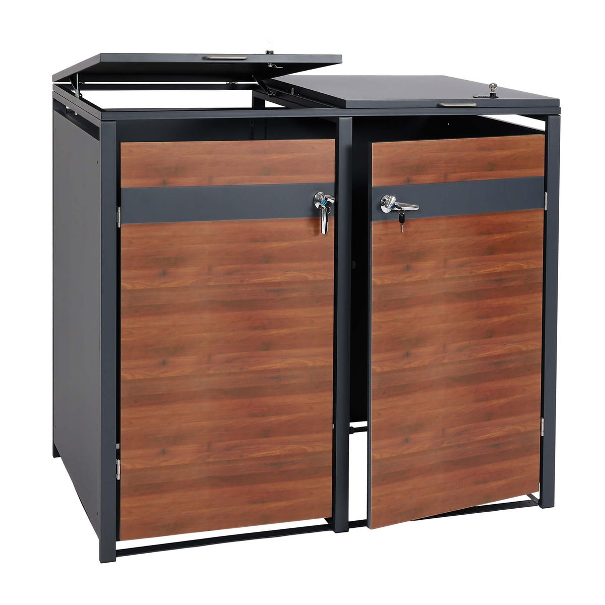 MÜLLTONNENBOX 2er 117x132x80cm Anthrazit Kirsche-Holzoptik Dunkelbraun - Kirschbaumfarben, Metall (132/117/80cm) - PROREGAL