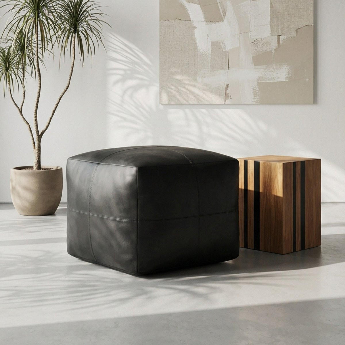 POUF 50/50/45 cm Echtleder Schwarz - Schwarz, Leder (50/45/50cm) - Furnhouse