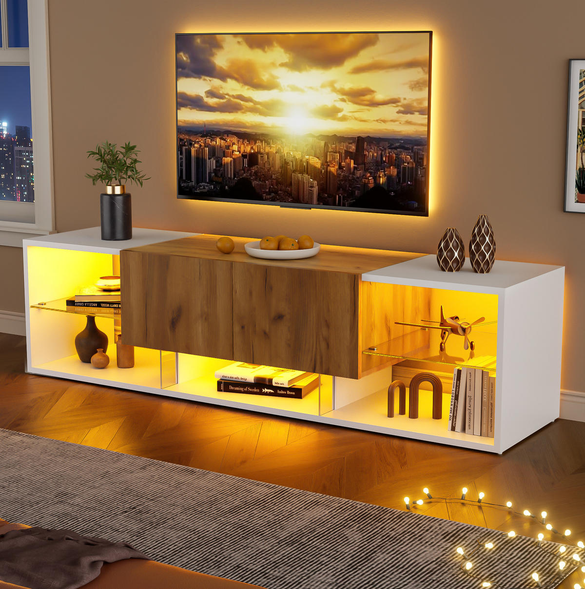 TV-LOWBOARD 160/40/42 cm mit 2 Schubladen und LED-Beleuchtung - Hellbraun, Holzwerkstoff (160/42/40cm) - BEAOK