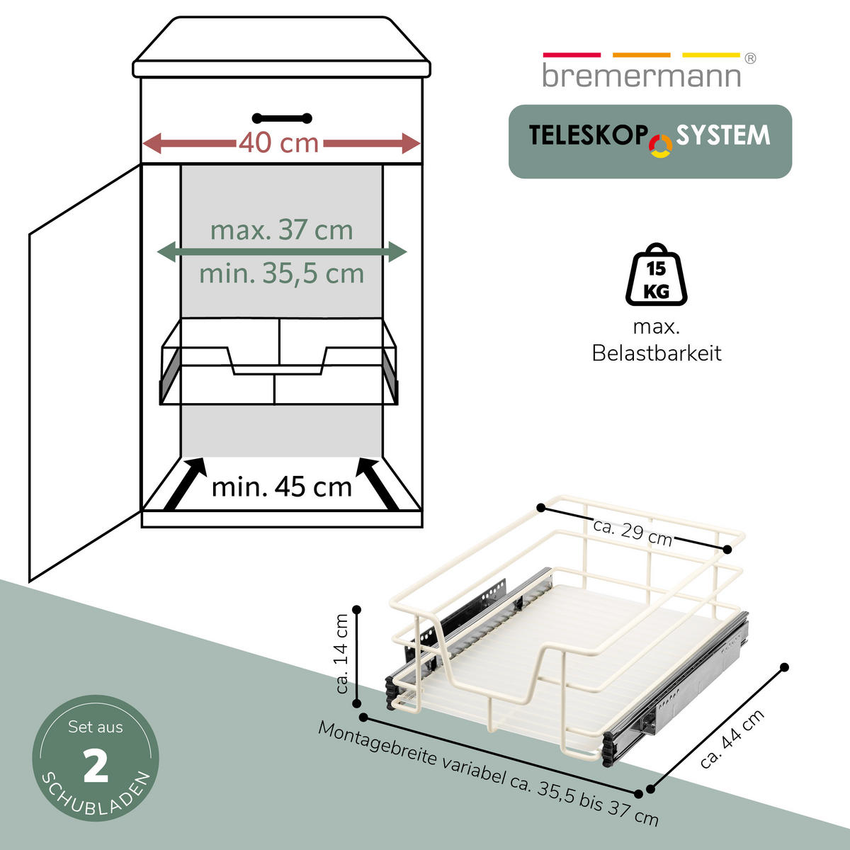 TELESKOPSCHUBLADEN (2er Set), für 40 cm Schrank, Metall, Cremeweiß - Chromfarben, Metall (37/14/44cm) - bremermann