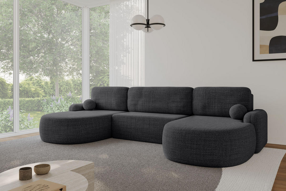 WOHNLANDSCHAFT mit Schlaffunktion und Bettkasten LIRA-U - 335x172x89 Schwarz - Schwarz, Holzwerkstoff/Textil (335/89/172cm) - ALTDECOR