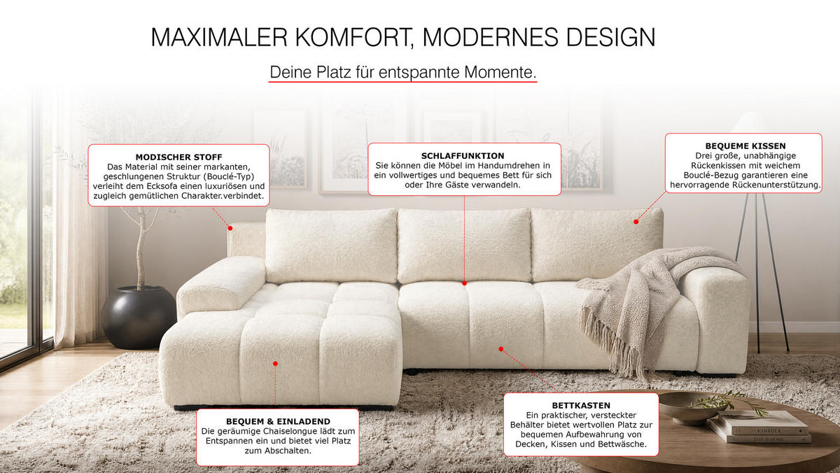 ECKSOFA Ovia mit Bettkasten und Schlaffunktion, Bouclé-Stoff in L-Form - Beige, Textil (270/185cm)