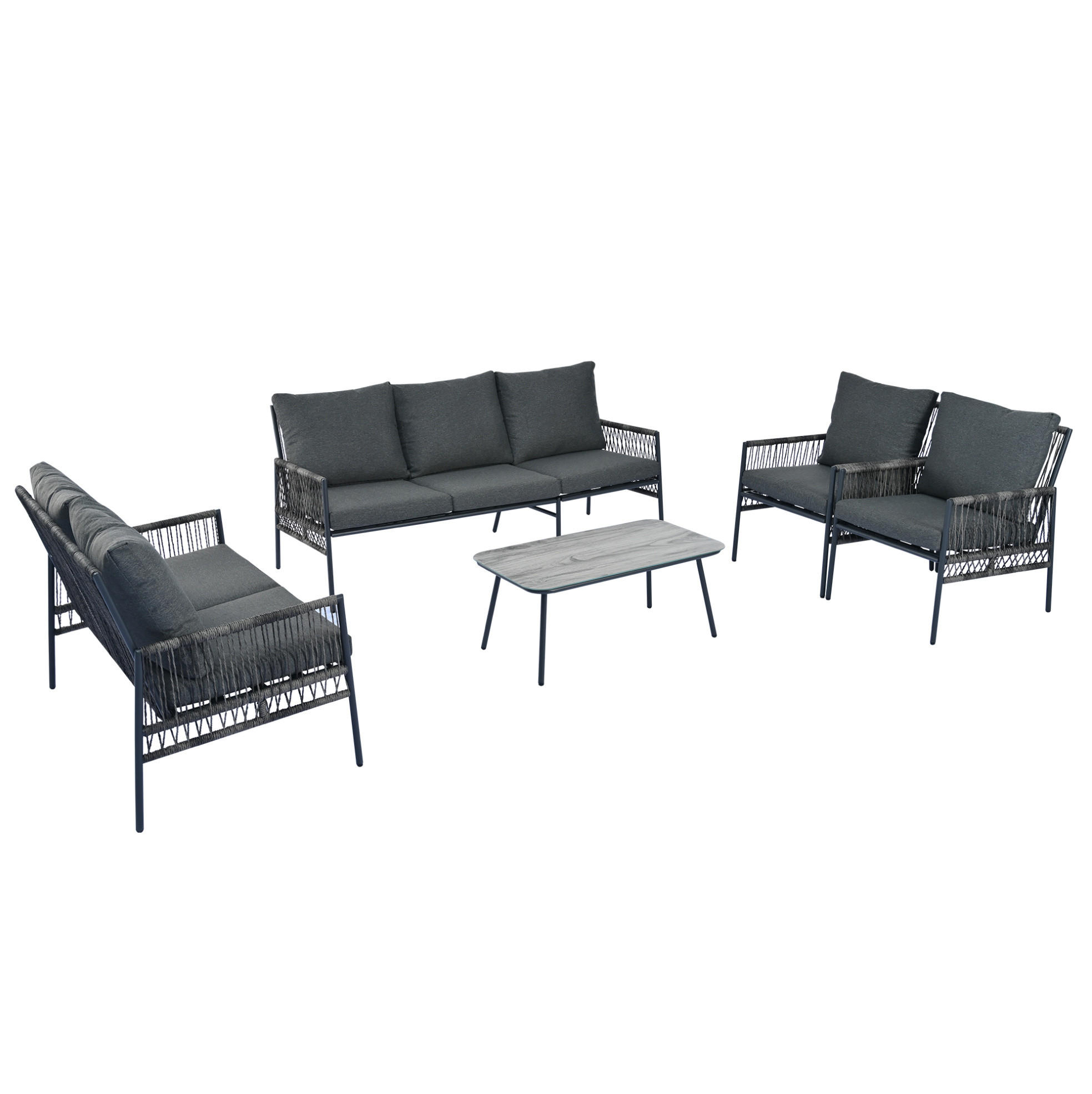 GARTENMÖBELSET aus Rattan 173x54.5x77cm schwarz mit Couchtisch aus gehärtetem Glas - Grau, Metall - Modfu