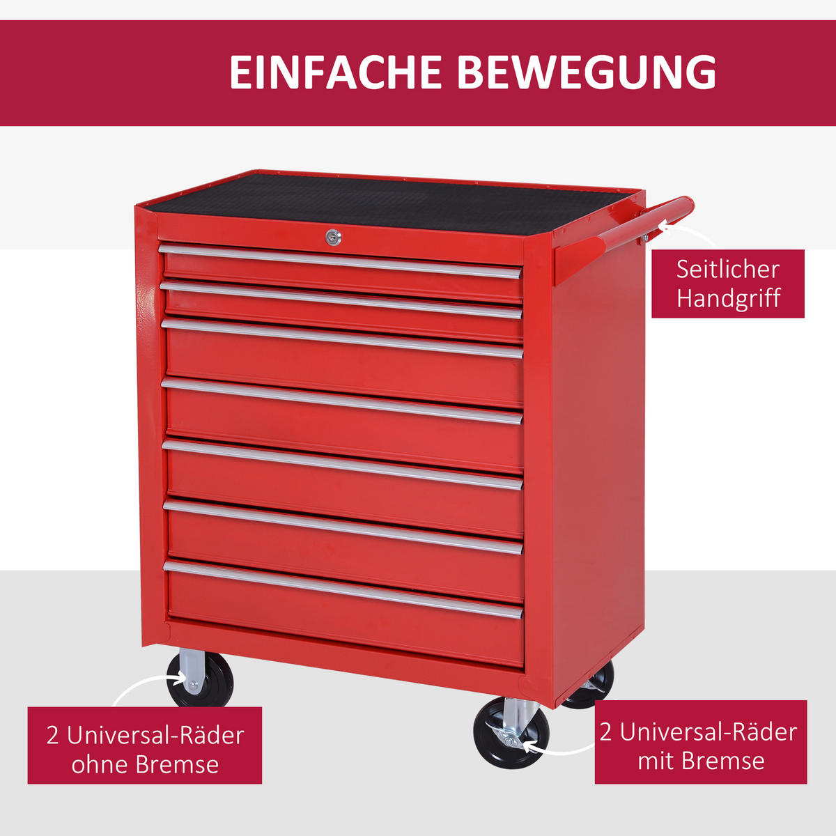 WERKSTATTWAGEN mit Rollen, Werkzeugwagen mit 7 Schubladen, abschließbar Stahl - Rot, Metall (33/75/69cm) - DURHAND