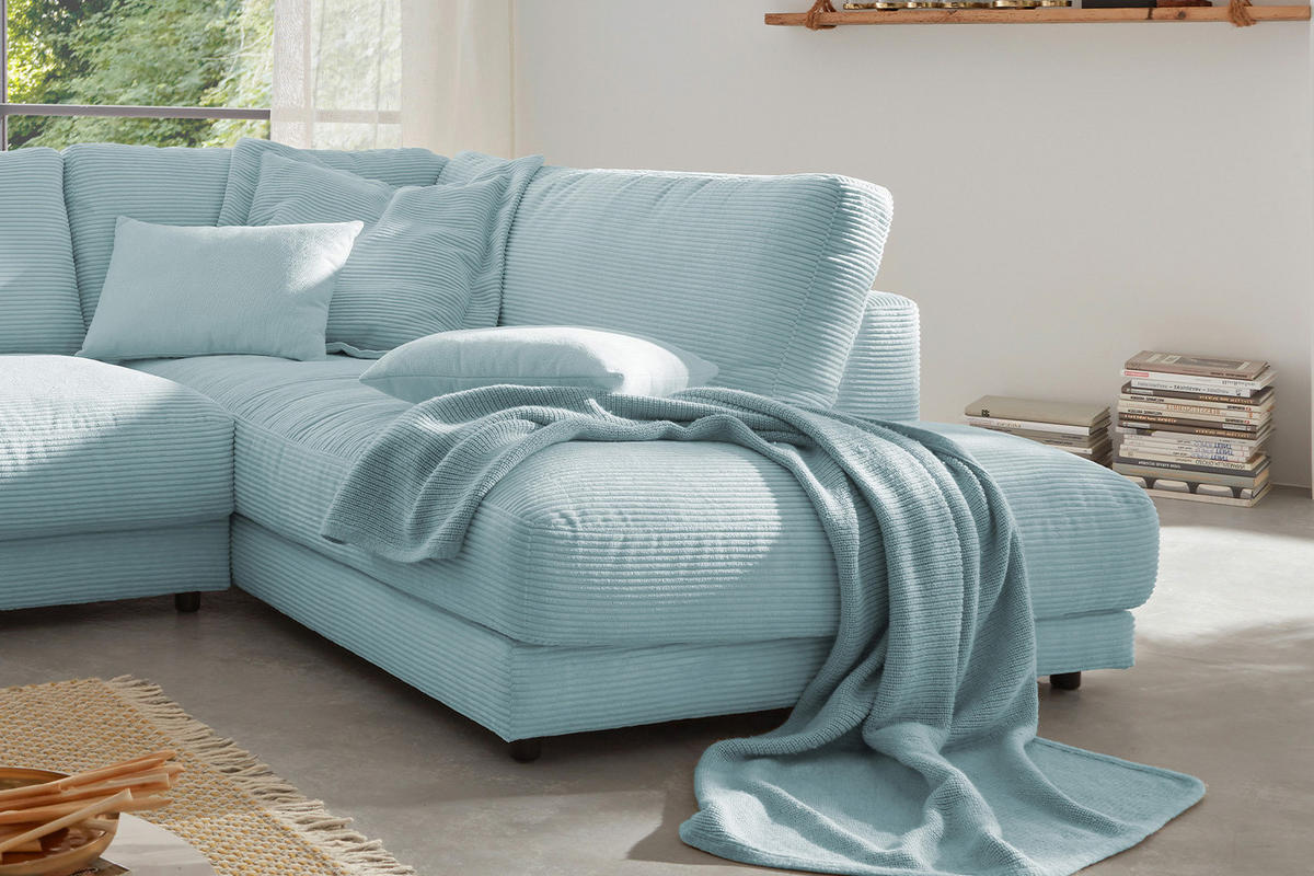 ECKSOFA MADELINE Hellblau Cord - Schwarz/Hellblau, Kunststoff/Textil (325/224cm) - KAWOLA