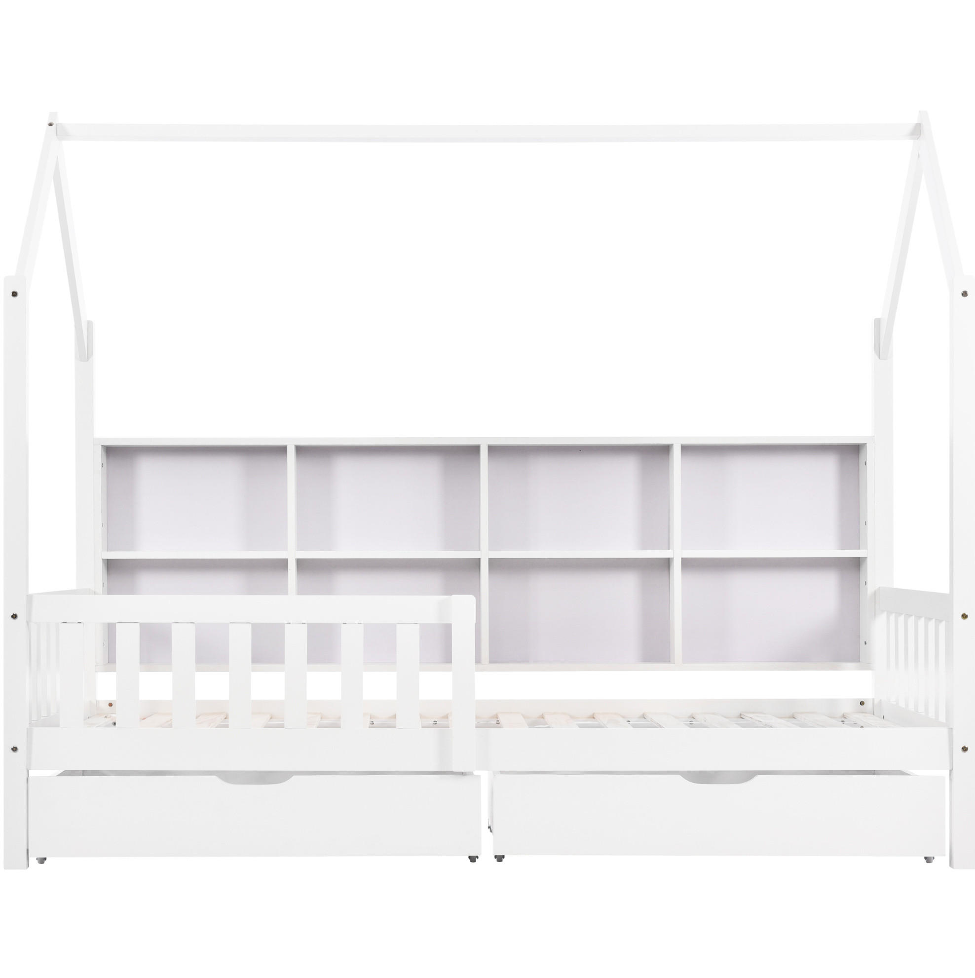 HAUSBETT 90/200 cm in Weiß – aus Kiefer massiv mit Stauraum und Regal - Weiß, Holz (90/200cm) - BEAOK