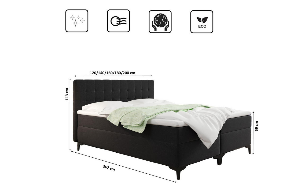 BOXBETT Mit Bettkasten Denver Stoff Muna Schwarz 120x200 cm H3-Bonell - Schwarz, Holz (120/200cm) - Kaiser Möbel