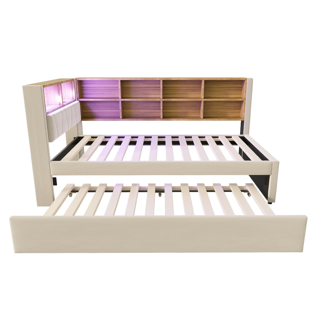 BETT 90/200 cm mit Ausziehbett 90/190 cm Flanell Beige mit LED-Beleuchtung und Multifunktionsanschlüssen - Beige, Textil (90/200cm) - OKWISH