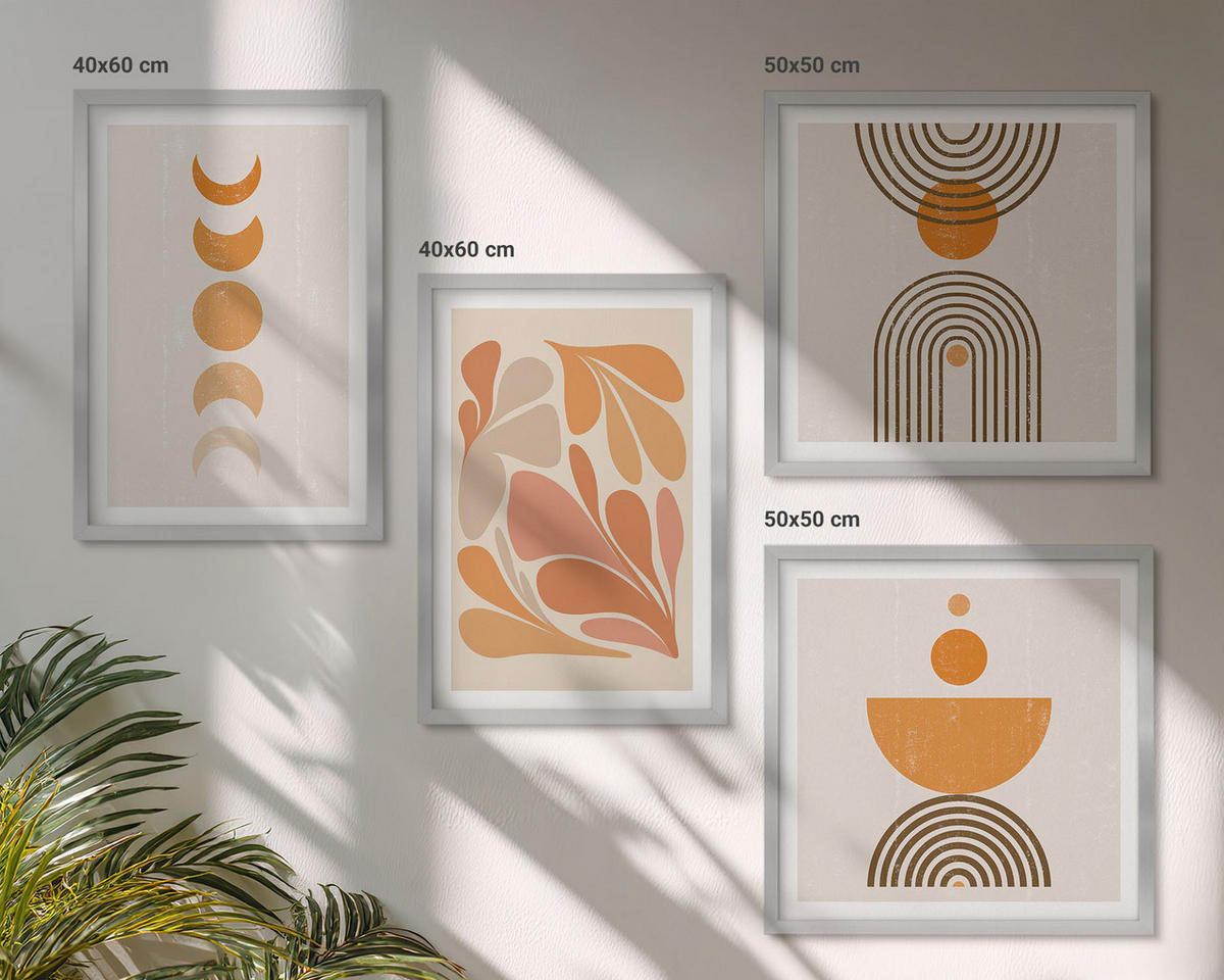 WANDBILDER 4er Set - 50x50 cm & 40x60 cm Silberner Rahmen - Abstrakte orange Formen - Silberfarben, Kunststoff (50/50cm) - ArtPrintCave