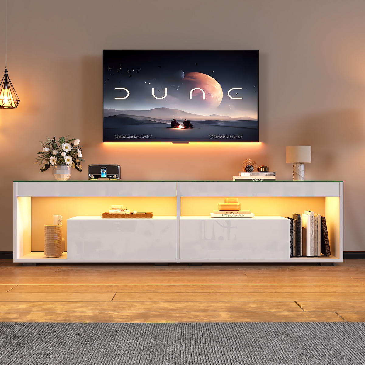 TV-SCHRANK LED Hochglanz 70 Zoll 2 Schubladen Weiß modern - Weiß, Holzwerkstoff (40/46/180cm) - FLIEKS