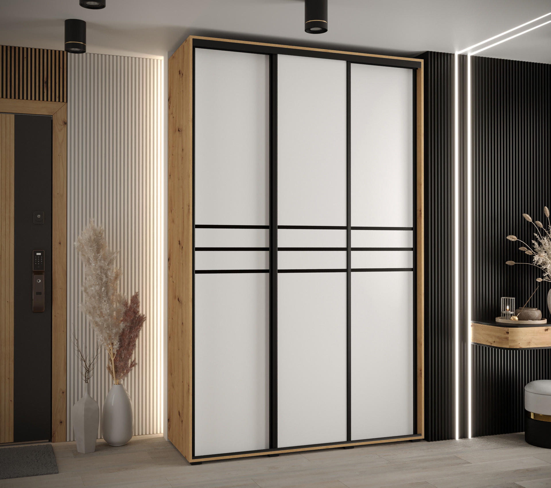 SCHWEBETÜRENSCHRANK 235,2/160/60 3-türig - Schwarz/Weiß, Holz/Metall (160/235/60cm) - Abiks Möbel