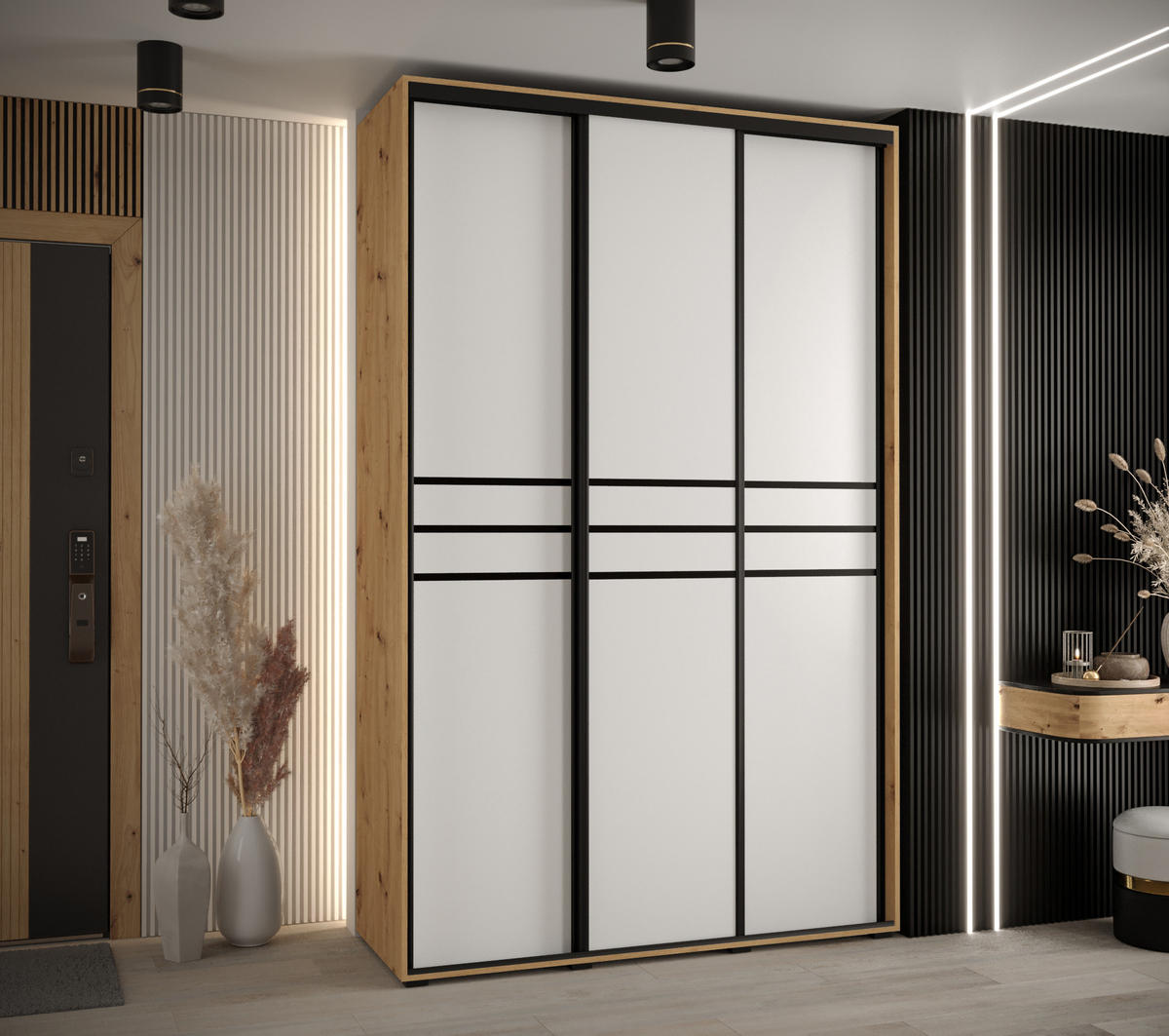 SCHWEBETÜRENSCHRANK 235,2/150/60 3-türig - Schwarz/Weiß, Holz/Metall (150/235/60cm) - Abiks Möbel