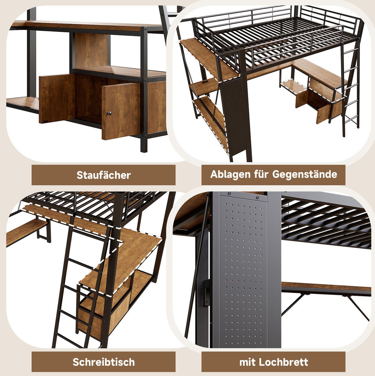 HOCHBETT aus Metall und MDF 140x200 cm Schwarz mit Schreibtisch, LED-Leiste, USB-Anschlüssen und Stauraum - Schwarz, Metall (140/200cm) - IVMEU