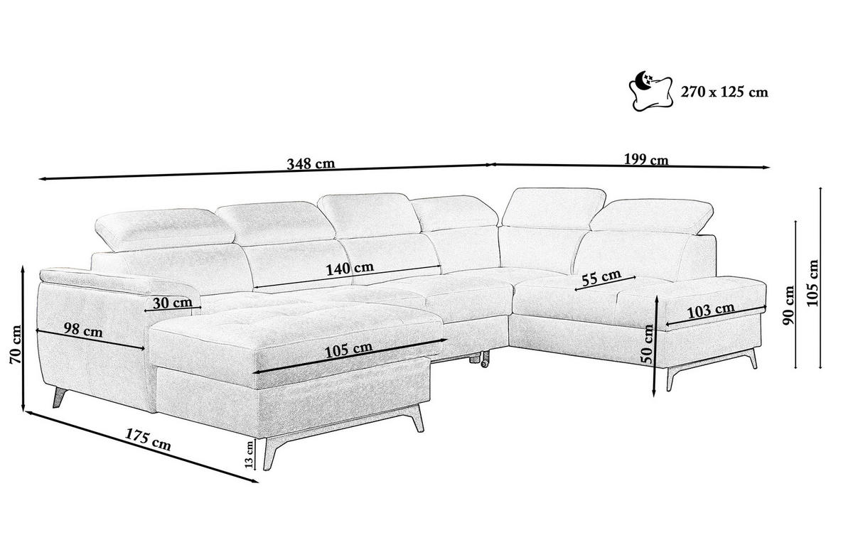 WOHNLANDSCHAFT VOLA Weiß Velours-Stoff mit Schlaffunktion - Weiß, Holz (348/105/199cm) - MASSENO