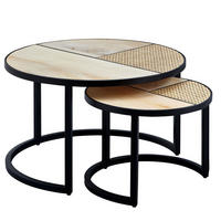 BEISTELLTISCH Set – Rattan Holz handgefertigt rund Industrial - Schwarz/Braun, Holz/Metall (60/60/37cm) - KADIMA DESIGN