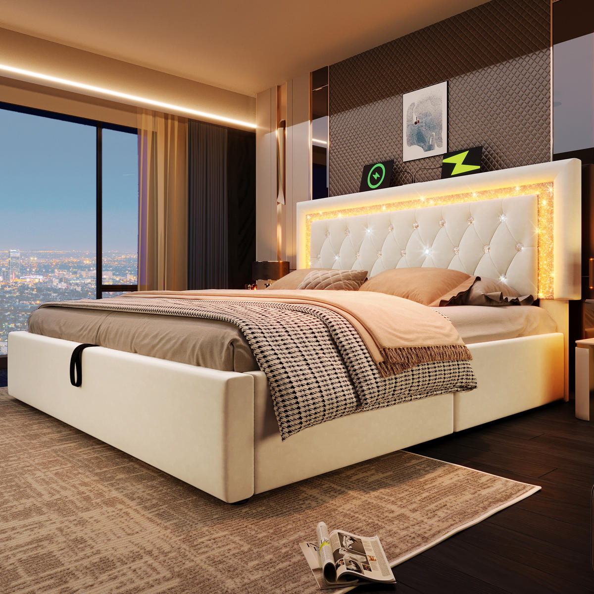 POLSTERBETT mit LED, USB und Stauraum 140x200 cm Samt Beige - Beige, Metall (140/200cm) - Meubliv
