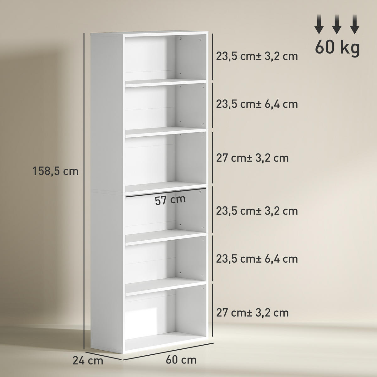 BÜCHERREGAL mit Verstellbare Ablage, Weiß - Weiß, Karton (24/158.5/60cm) - HOMCOM