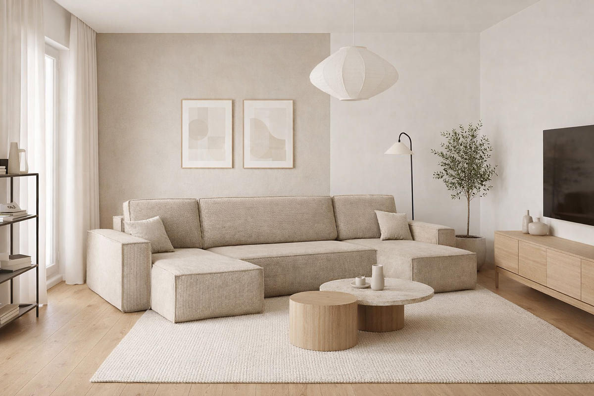 ECKSOFA Mit Schlaffunktion Und Bettkasten BEST Dicker Cord Poso Dunkelbeige - Beige/Braun, Holz/Textil (312/142cm) - Kaiser Möbel