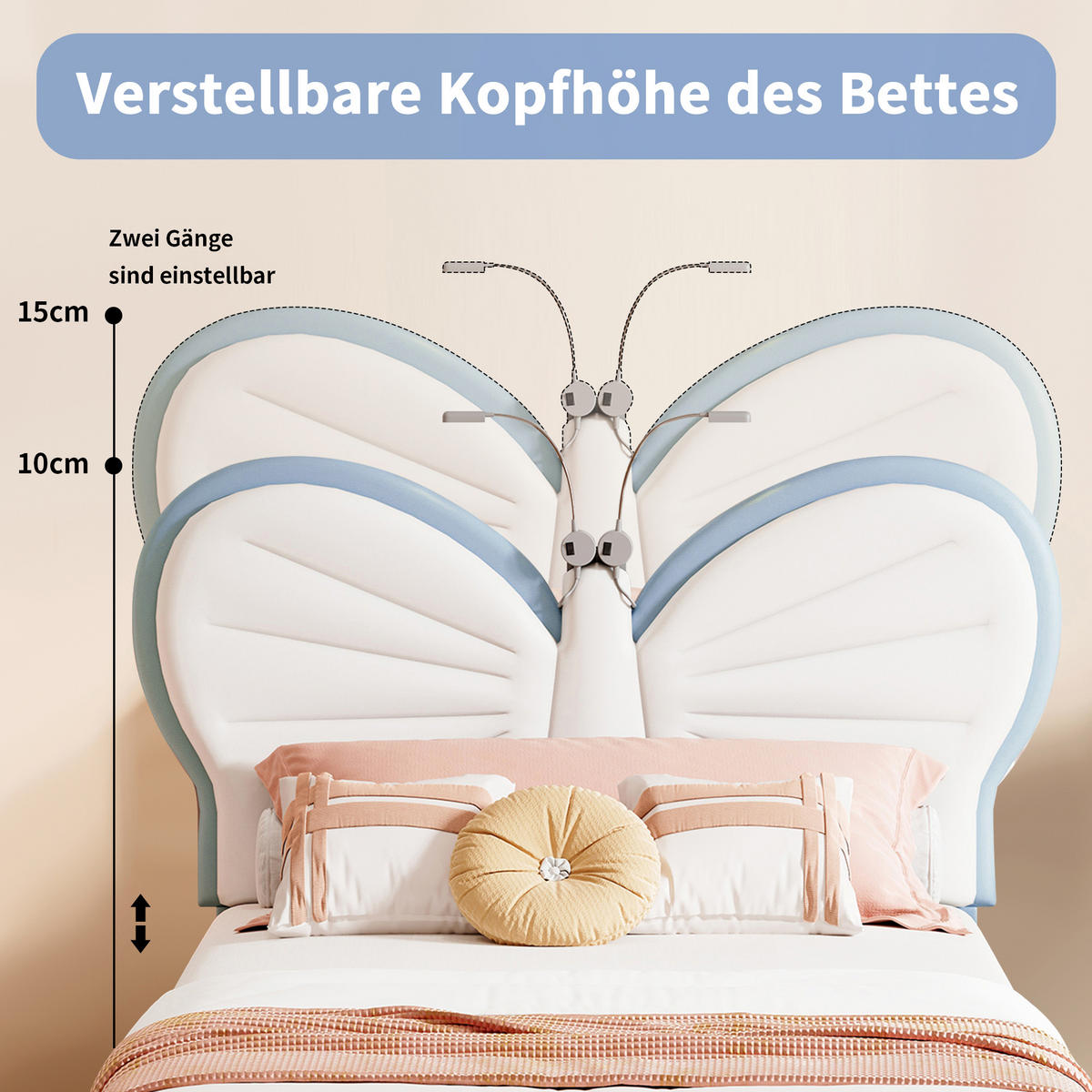 POLSTERBETT 90x190 cm Kinderbett mit Schmetterling Kopfteil, LED Leselicht, Blau Weiß - Blau, Metall (90/190cm) - EuroLiving