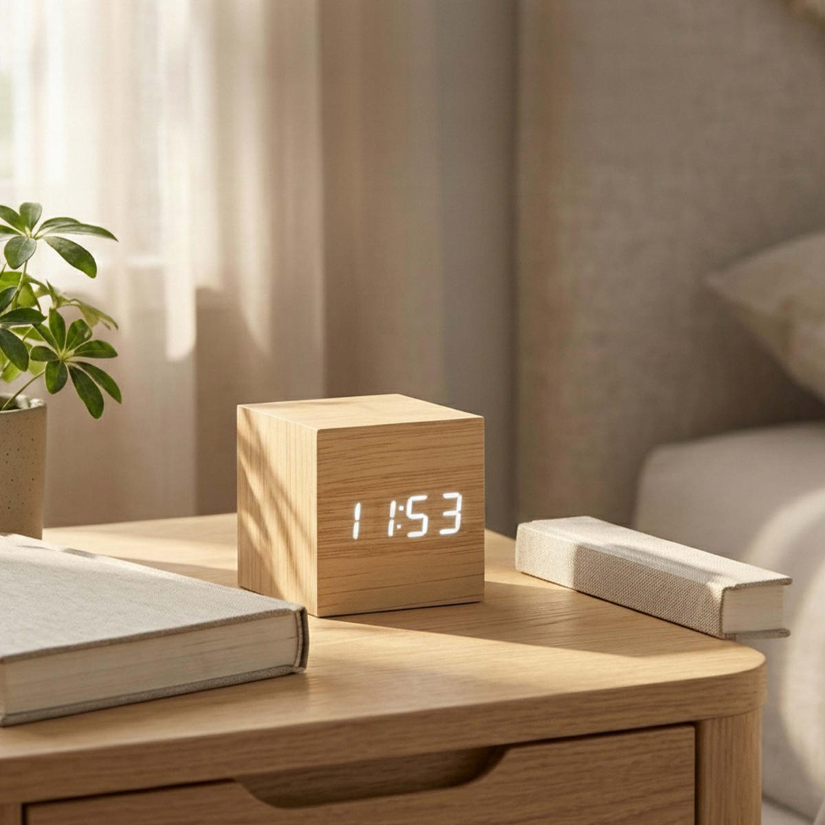 BUDILICA prirodna digitalna kocka izgled drva 3 alarma USB - svijetlo smeđa, drvni materijal/plastika (6.5/6/6.5cm) - Relaxdays
